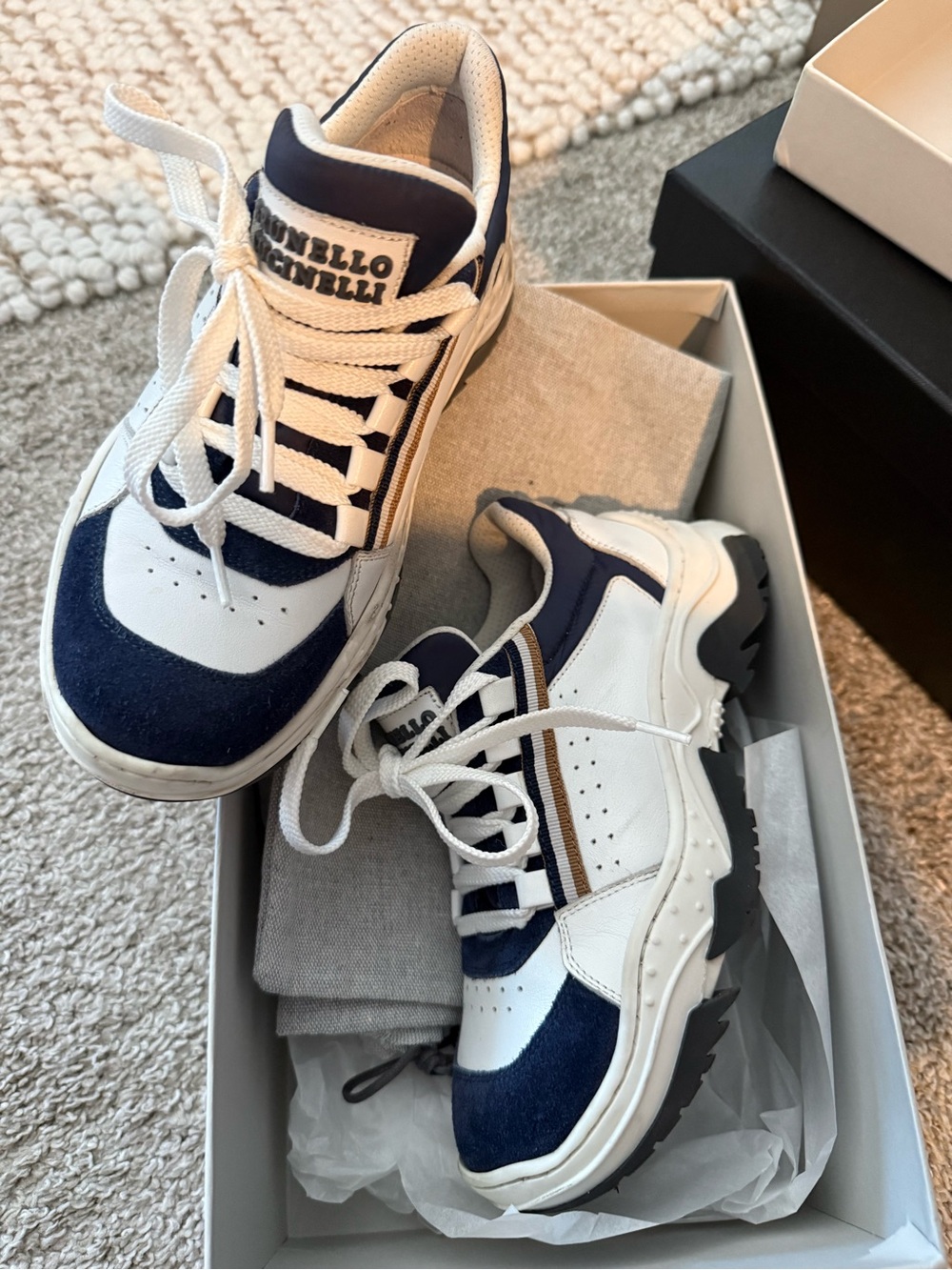 Brunello Cucinelli White and Navy Kids Chunky Sneakers